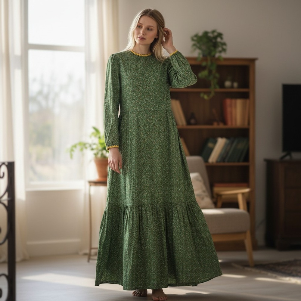 Vtg Handmade Small Maxi Dress Womens Green Floral Prairiecore Rickrack